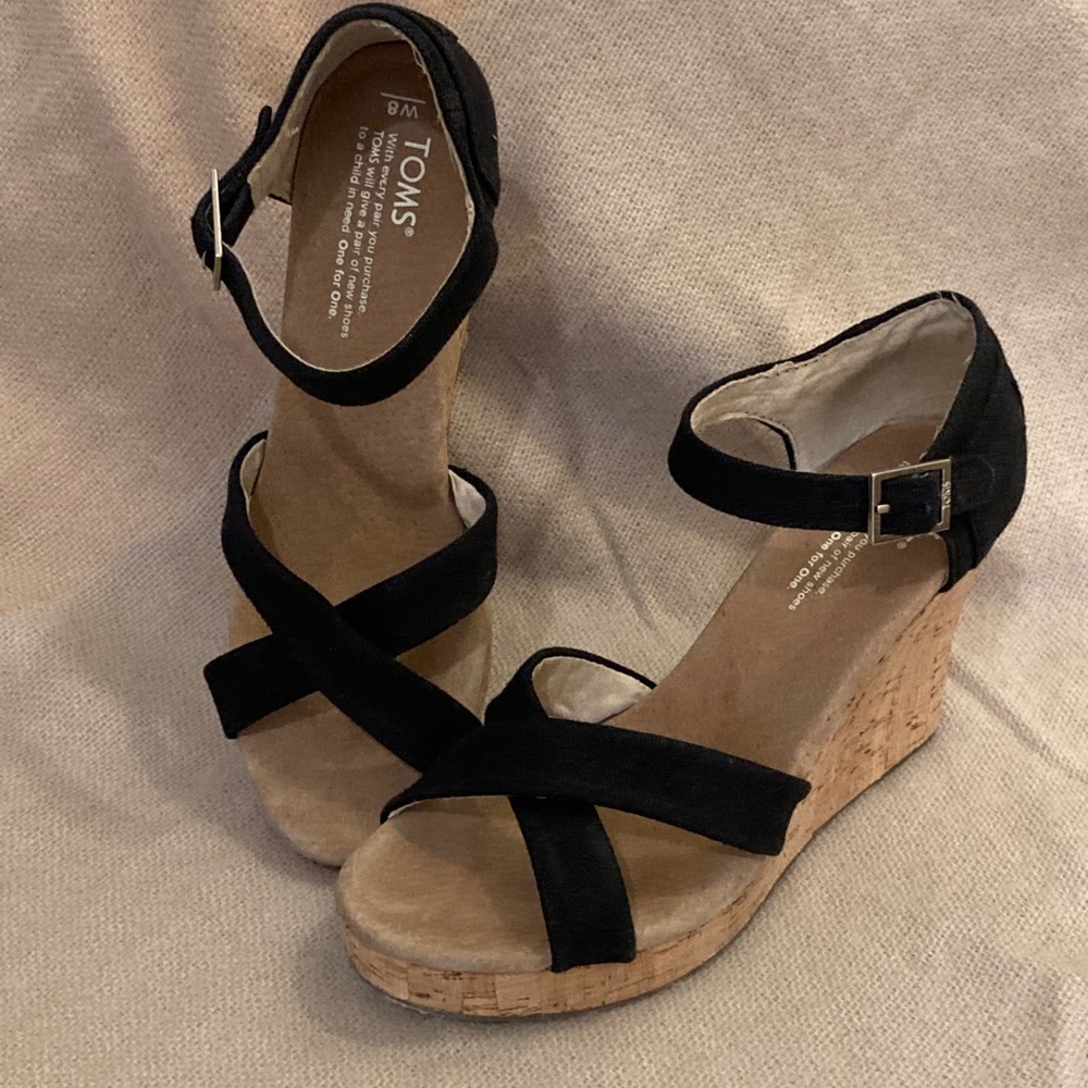 Toms Black Espadrille Wedge Sandal Heels Size 8